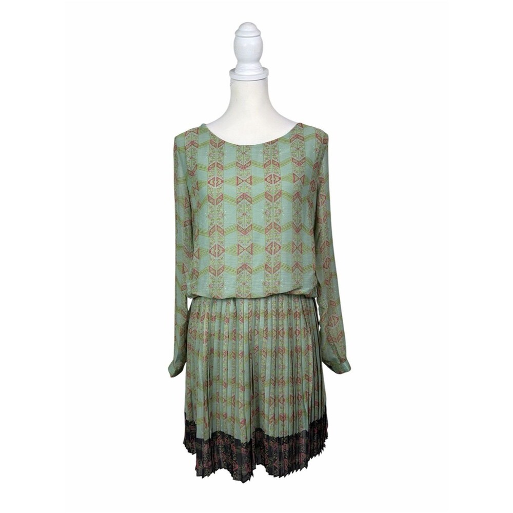 Lavand Mint Green Boho Pleated Dress Geometric Print Long Sleeve Dress M